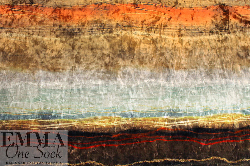 'horizon abstract' design stretch velvet - aqua/spice .75 yds