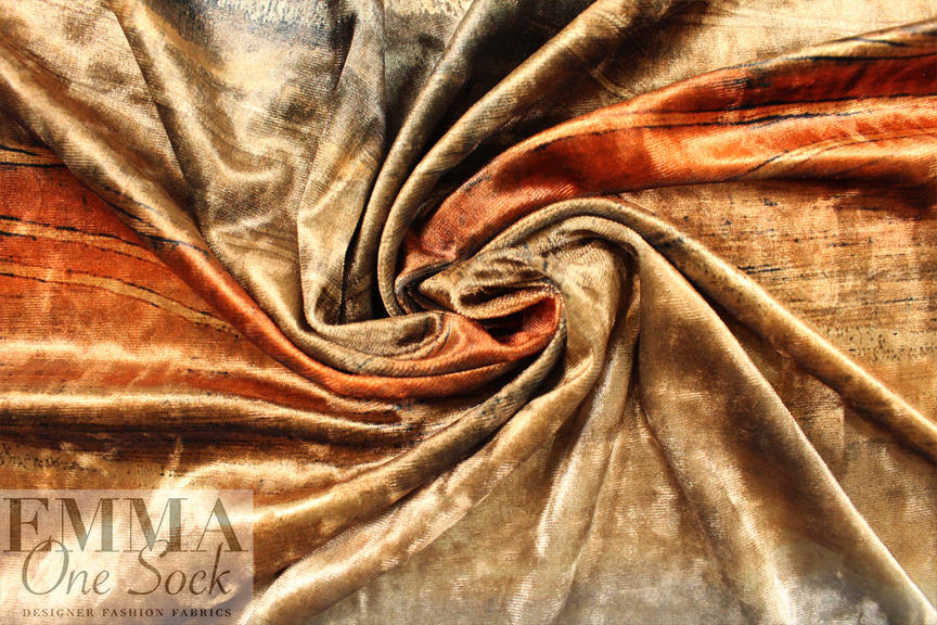 'horizon abstract' design stretch velvet - aqua/spice 1 yard