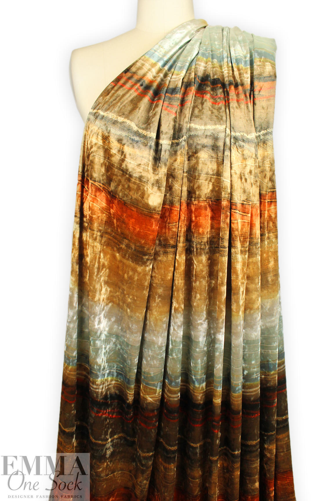 'horizon abstract' design stretch velvet - aqua/spice .75 yds