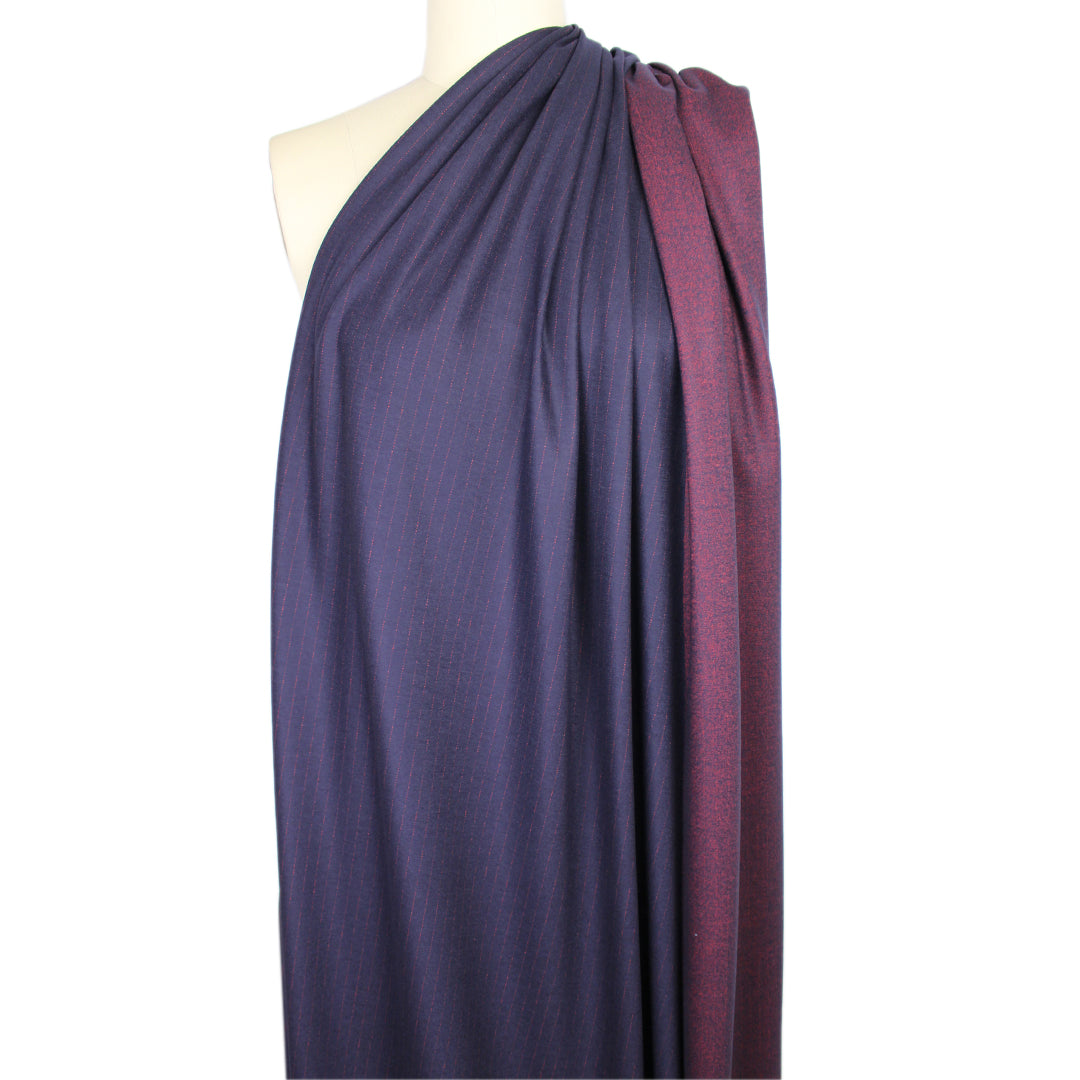 Di0r pinstripe doubleface wool knit suiting - navy/crimson .625 yds