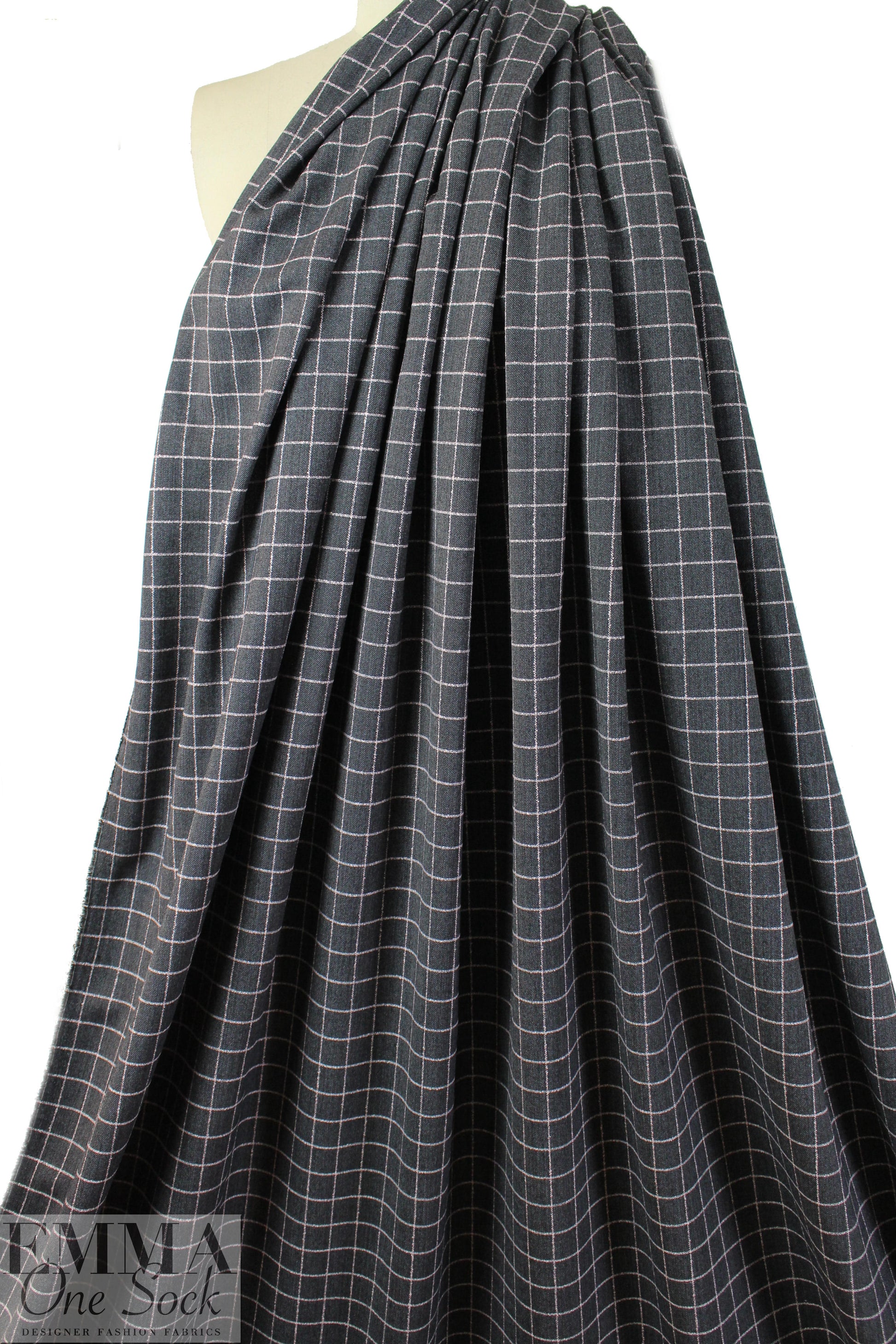 Italian graphite/pink wool blend stretch windowpane suiting 1.25 yds