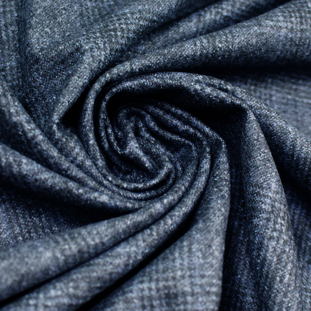 French virgin wool tweedy plaid suiting - dusky blue/black .5 yds