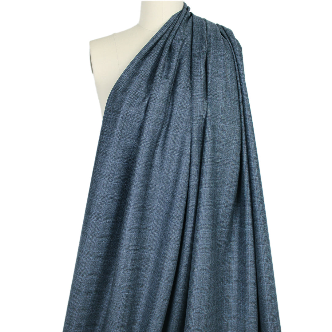 French virgin wool tweedy plaid suiting - dusky blue/black .5 yds