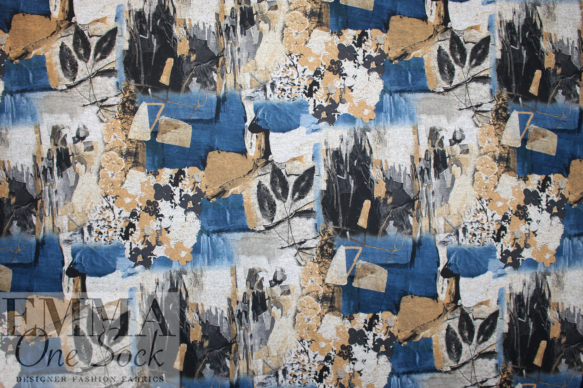 'botanical montage' sweater knit - blues/browns 1.875 yd