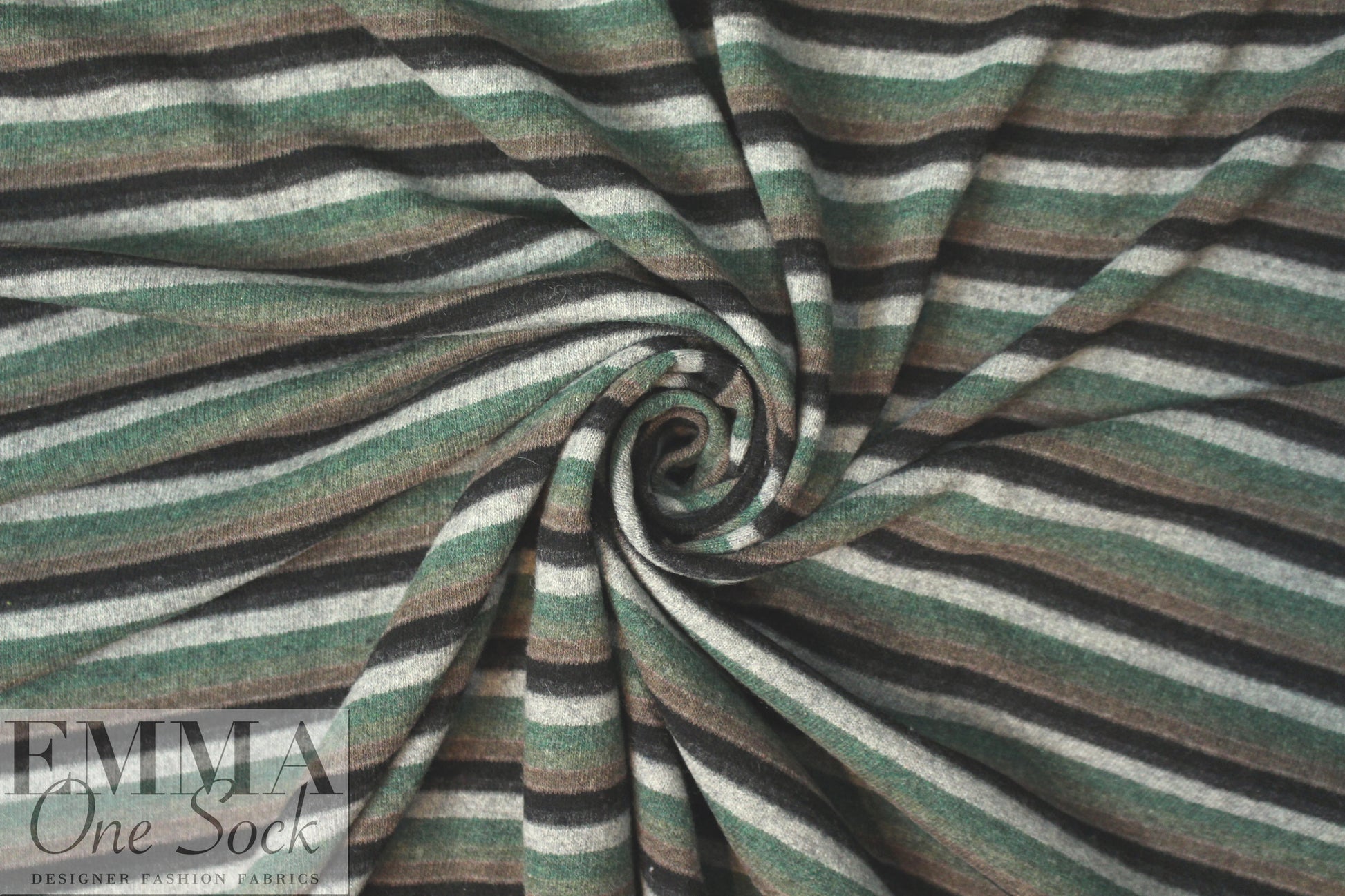 Italian wool blend, yarn-dyed forest/gray stripe sweater