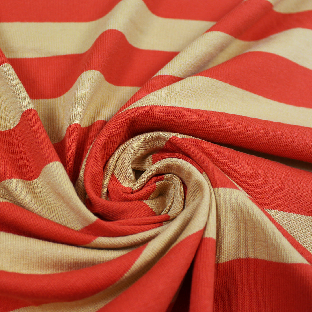 French striped cotton/linen sweater knit - scarlet/cashew 1.125 yds