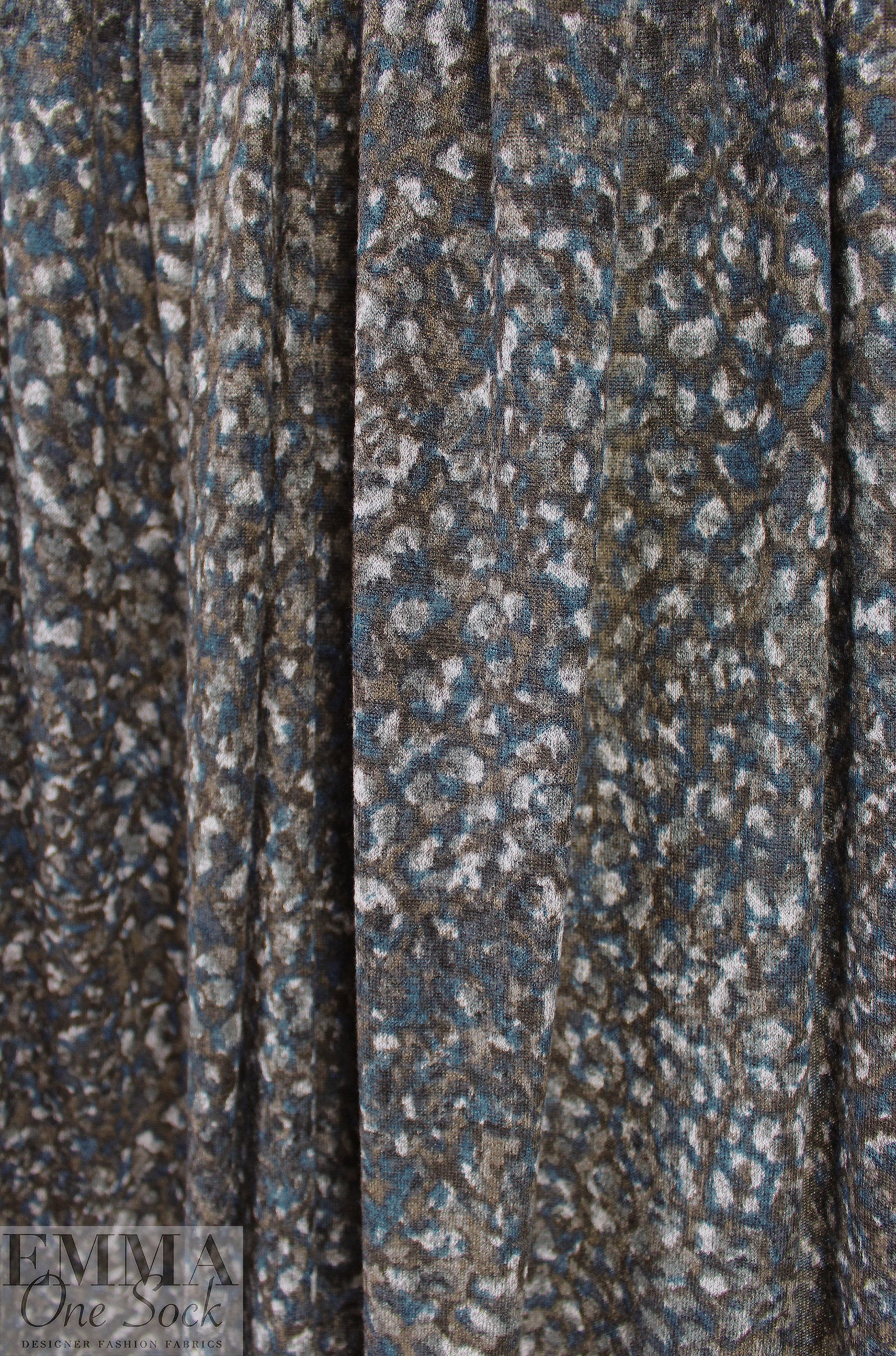 NY designer heathered, printed sweater knit - earth/indigo 1.875 yd