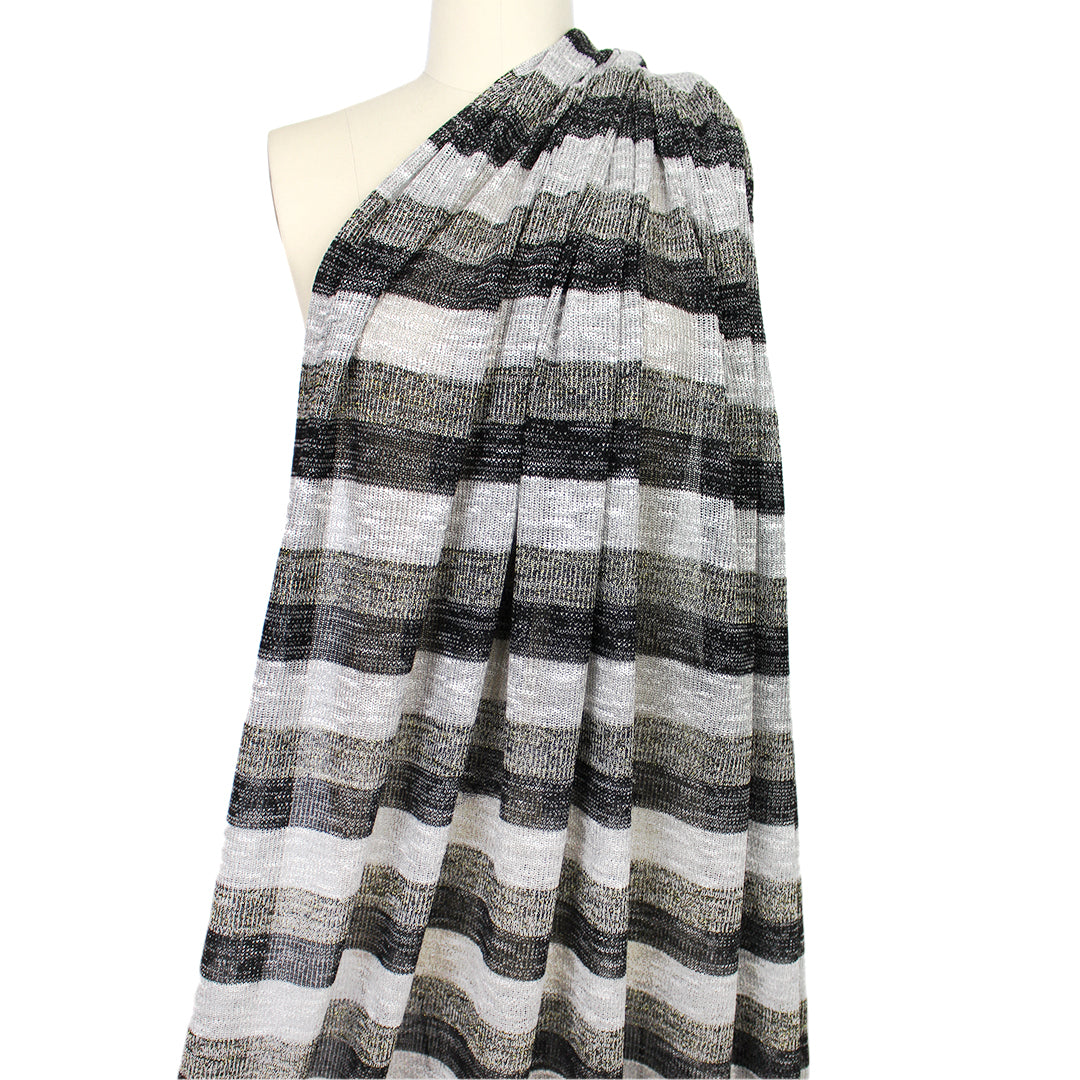 French metallic stripe cotton blend sweater knit - black/gray/gold 1.5 yd