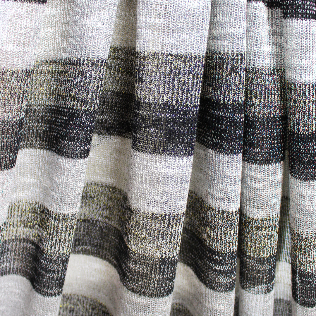 French metallic stripe cotton blend sweater knit - black/gray/gold 1.5 yd