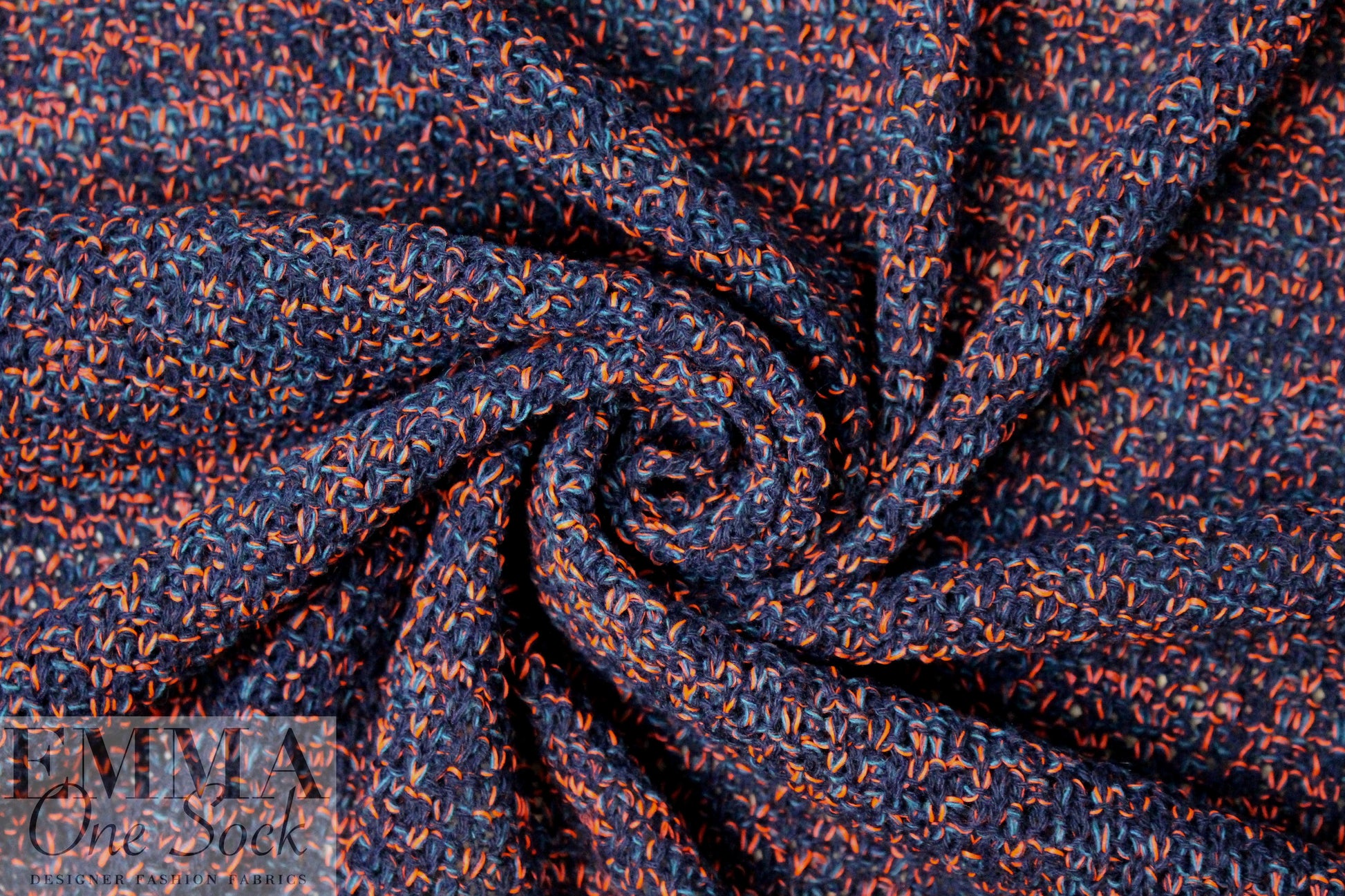 Italian tweedy wool blend sweater knit - navy/poppy 1 yard