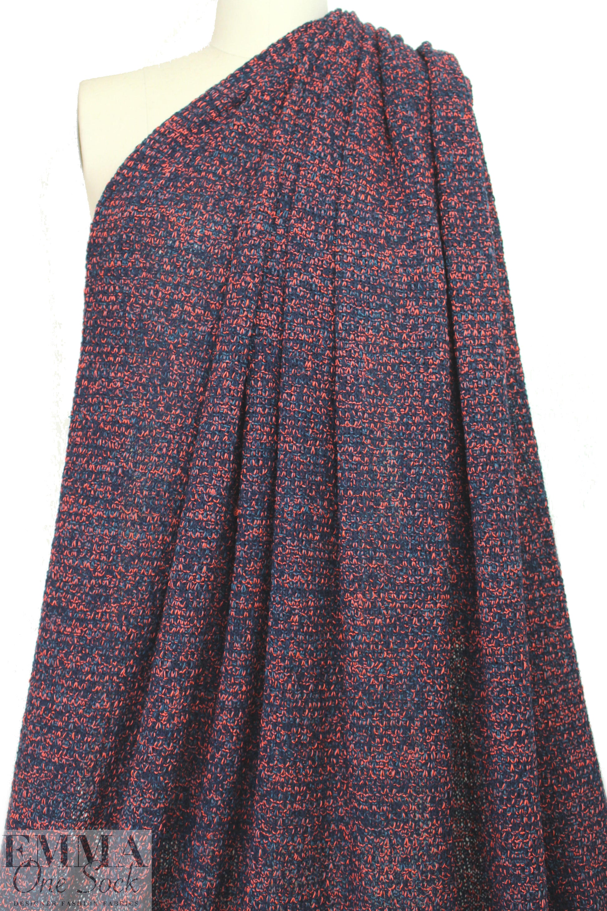 Italian tweedy wool blend sweater knit - navy/poppy 1 yard