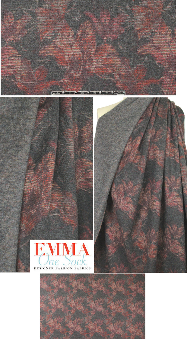 Italian rouge/charcoal printed wool blend sweater knit 1.75 yds