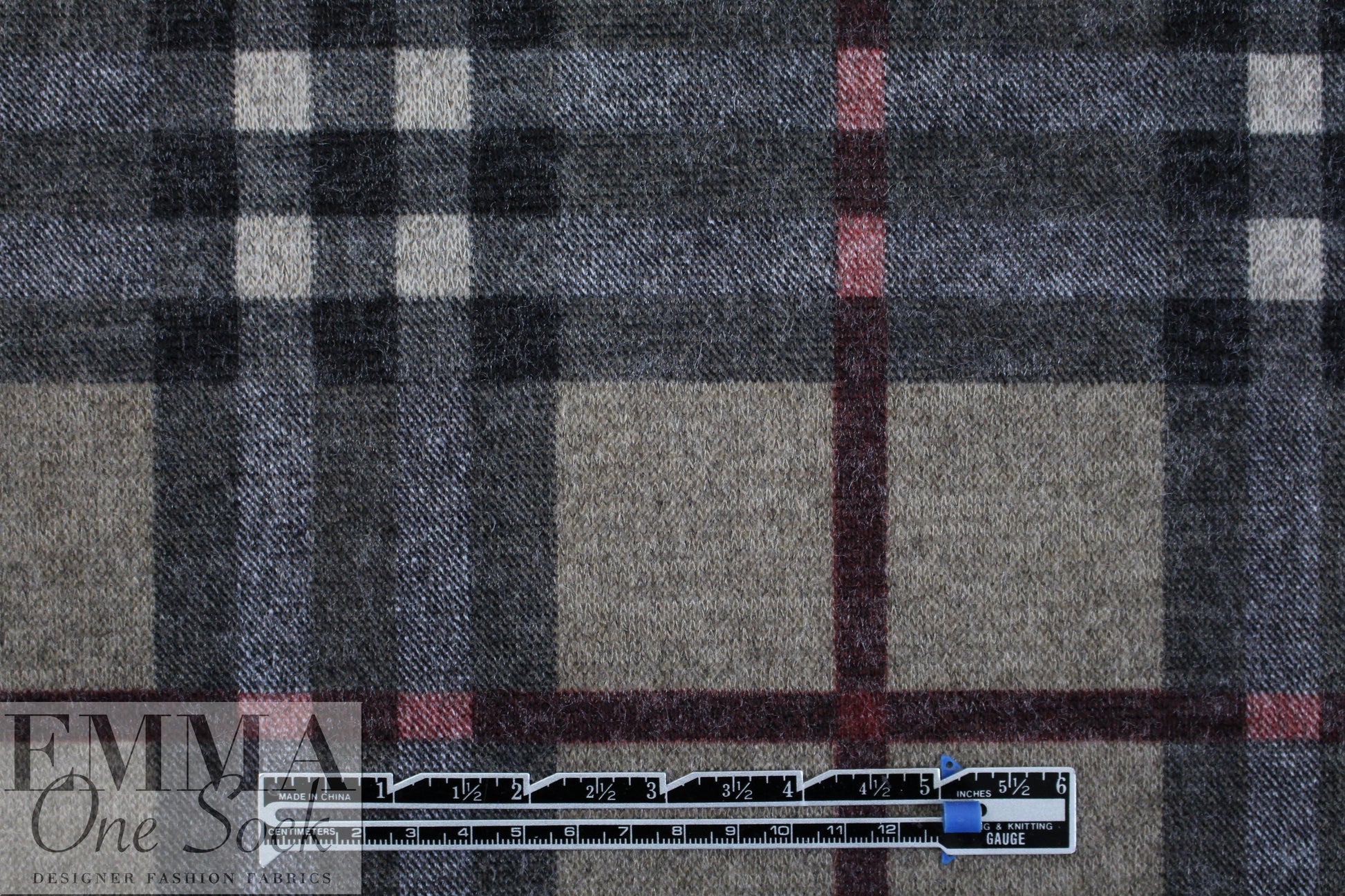 heathered, printed plaid sweater knit - storm/rouge