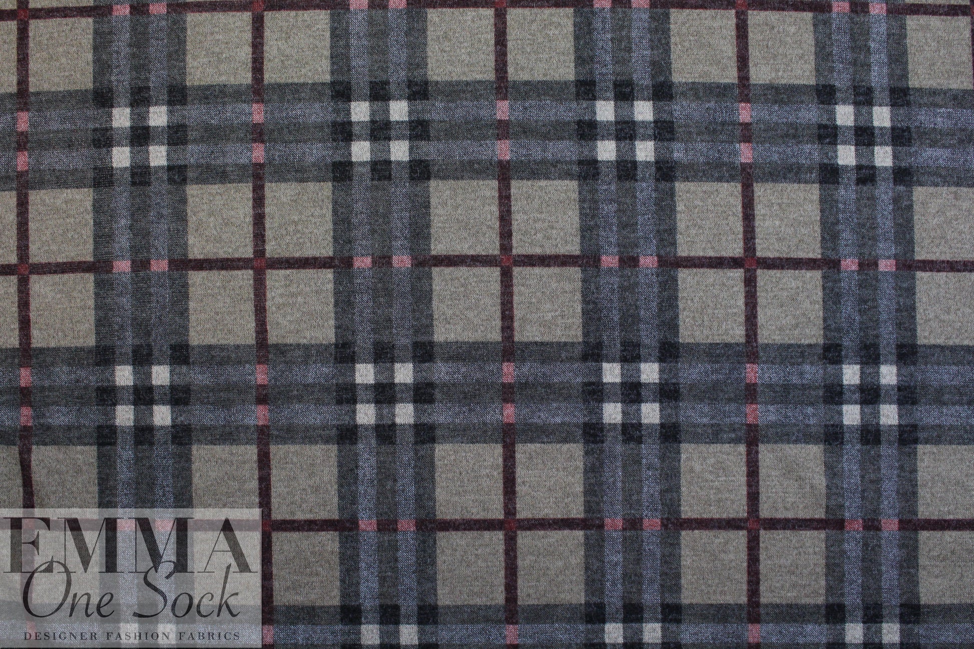 heathered, printed plaid sweater knit - storm/rouge 1 yard