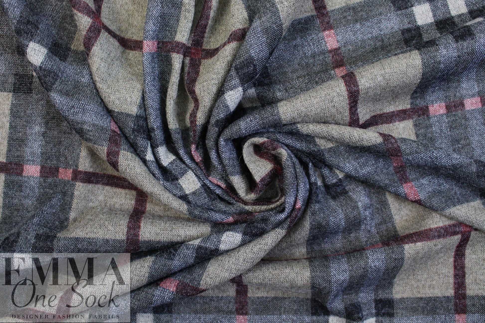 heathered, printed plaid sweater knit - storm/rouge 1.75 yd