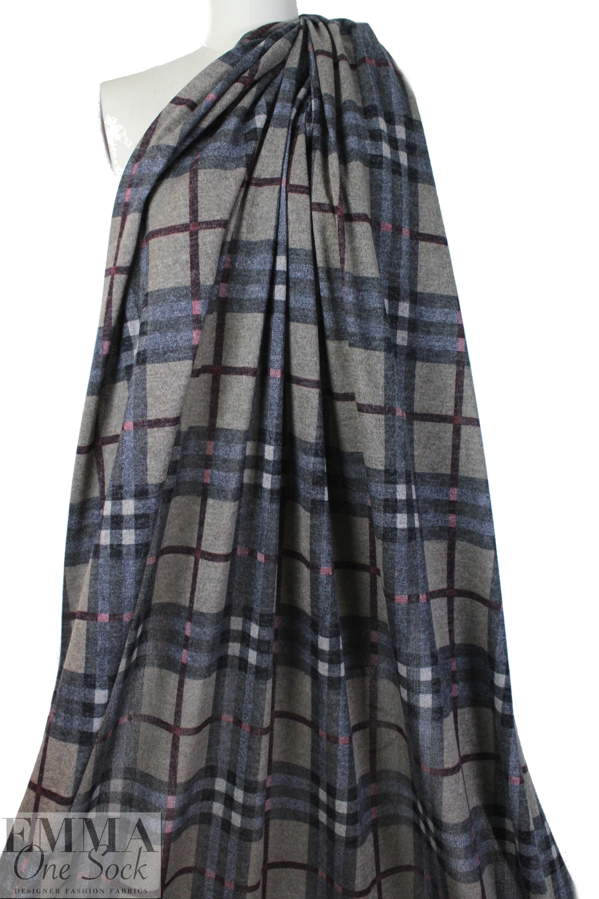 heathered, printed plaid sweater knit - storm/rouge 1.75 yd