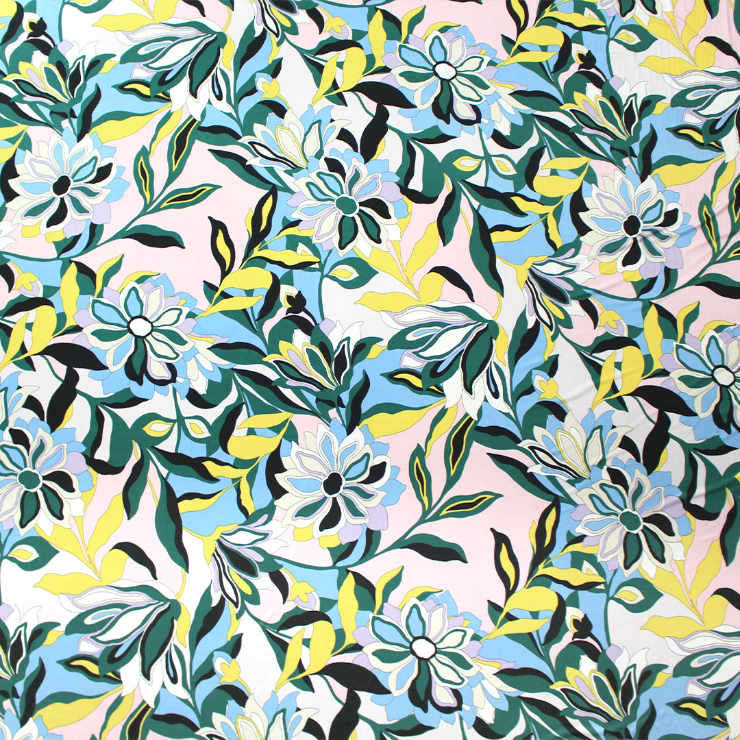 CA designer 'bonny floral' stretch jersey - pink/maize/ivy .75 yds
