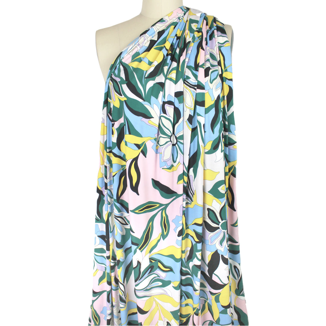 CA designer 'bonny floral' stretch jersey - pink/maize/ivy .75 yds