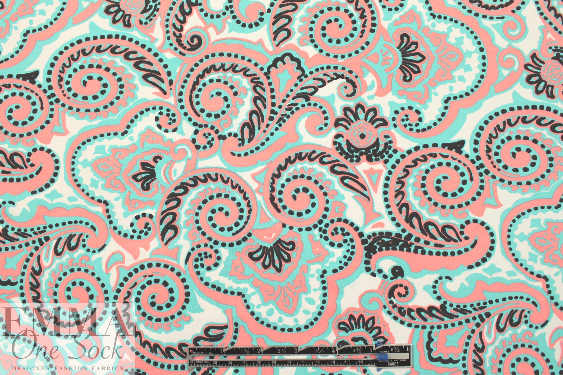 NY designer coral/aqua paisley nylon swimwear 1.25 yds