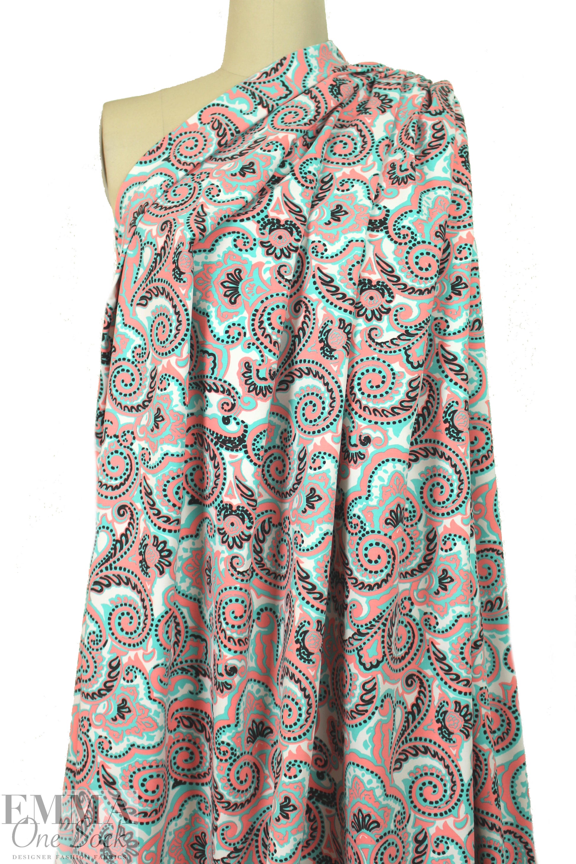 NY designer coral/aqua paisley nylon swimwear 1.25 yds