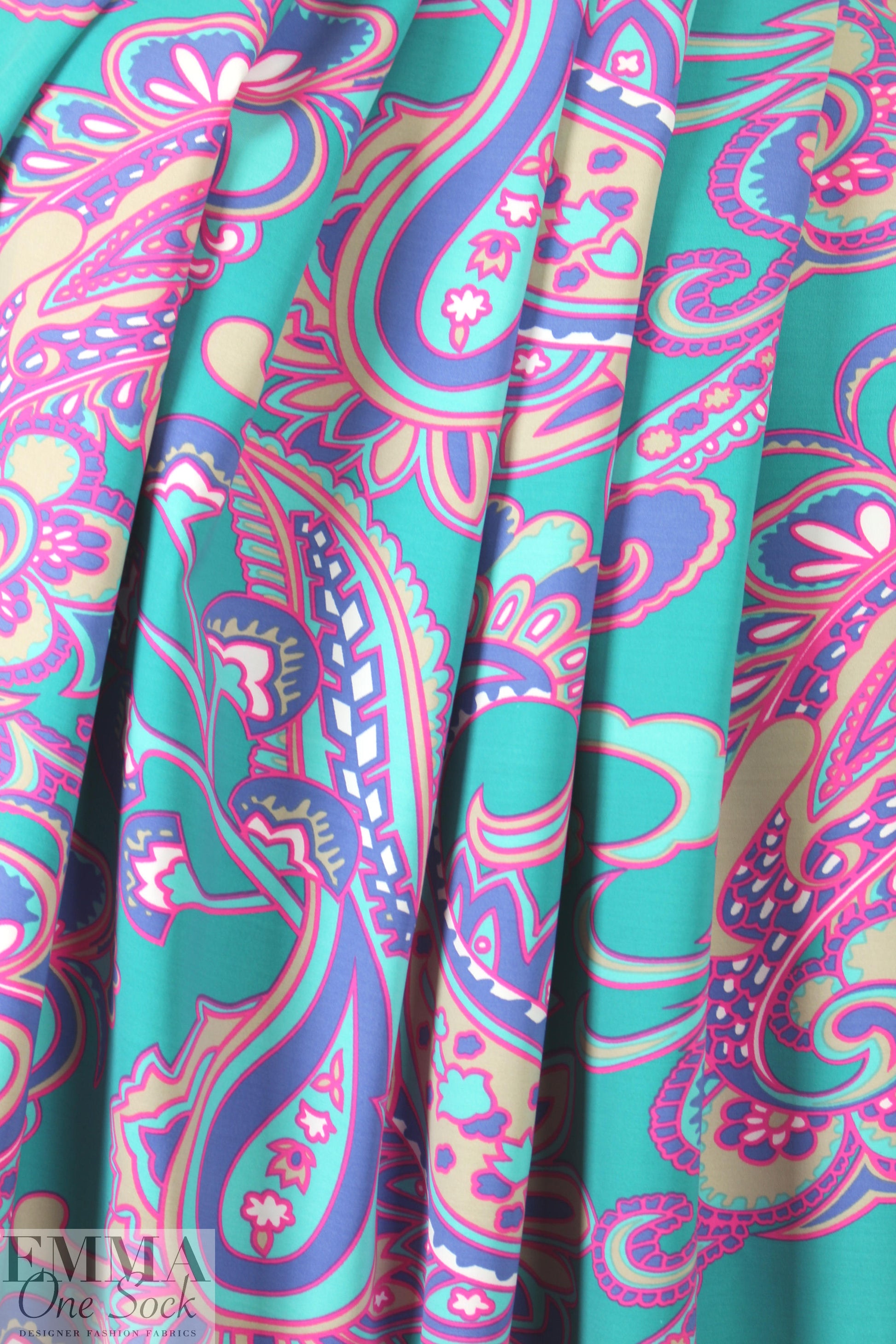 NY designer teal/hot pink paisley nylon swimwear 1.875 yds