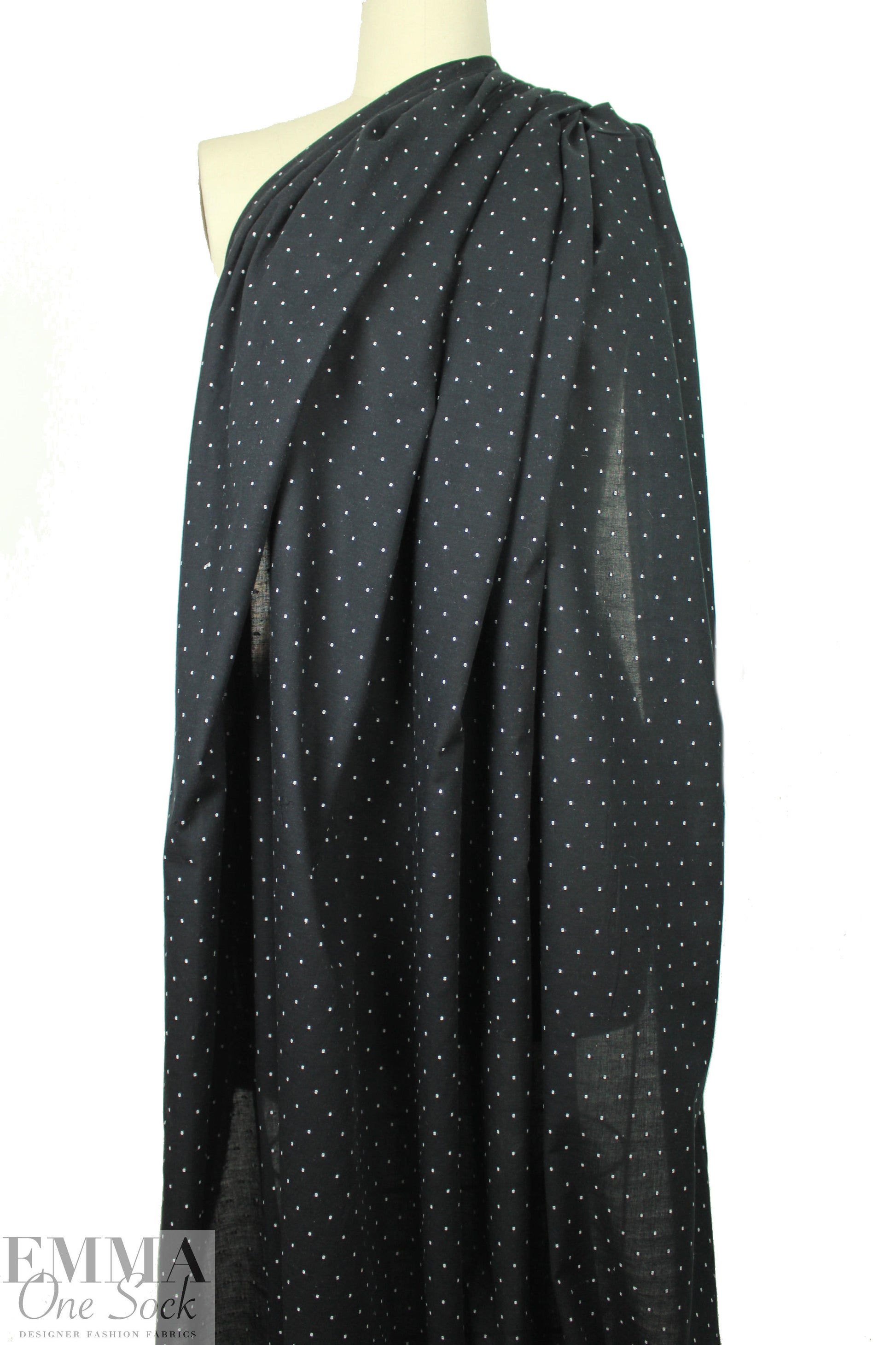 NY designer cotton swiss dot - white on black