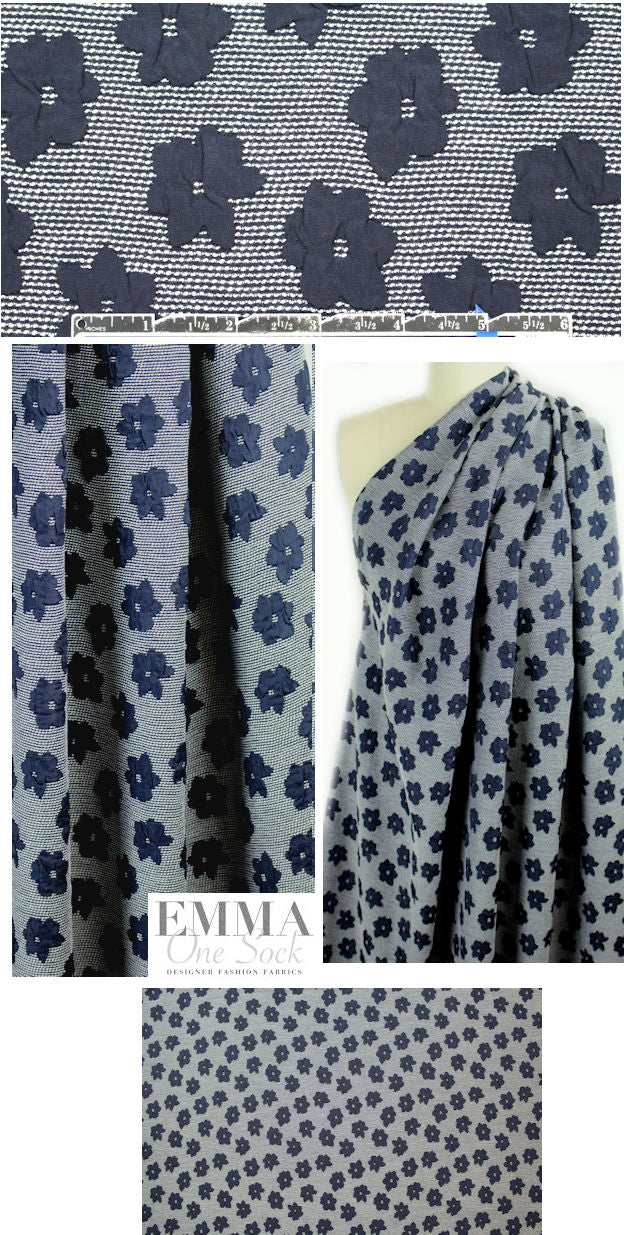 Japanese flower motif textured matelasse - large navy 1.75 yd
