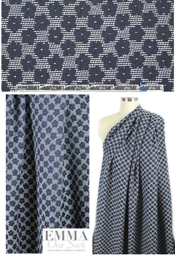 Japanese flower motif textured matelasse - small navy 1.75 yds