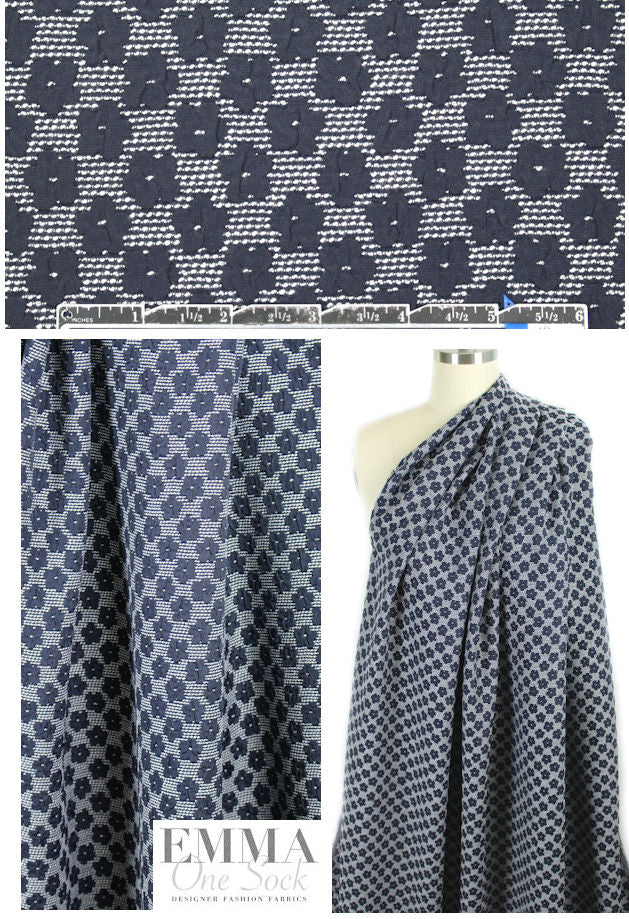 Japanese flower motif textured matelasse - small navy 1.375 yds