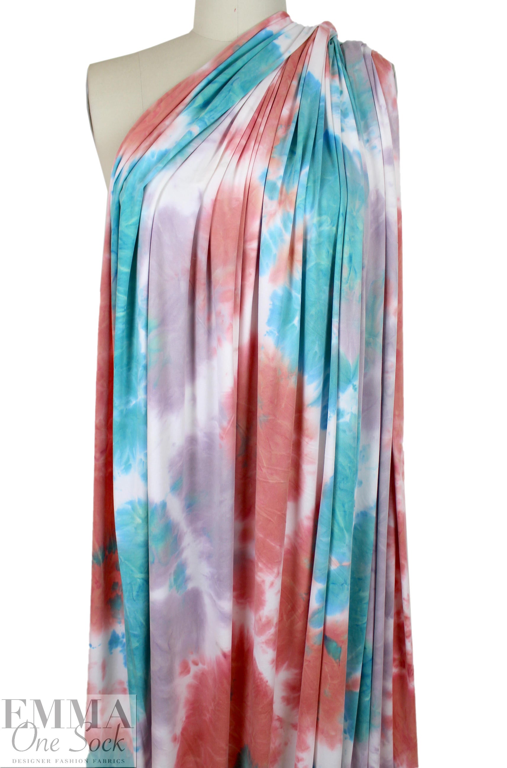 NY designer tie dye poly knit - peony/sky/lilac .625 yds