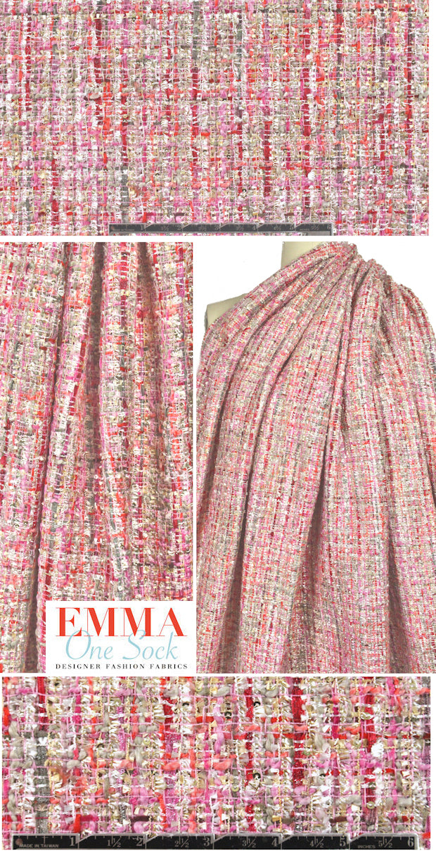 'Chanel tweed' sparkly boucle' - pink/coral 1.5 yds