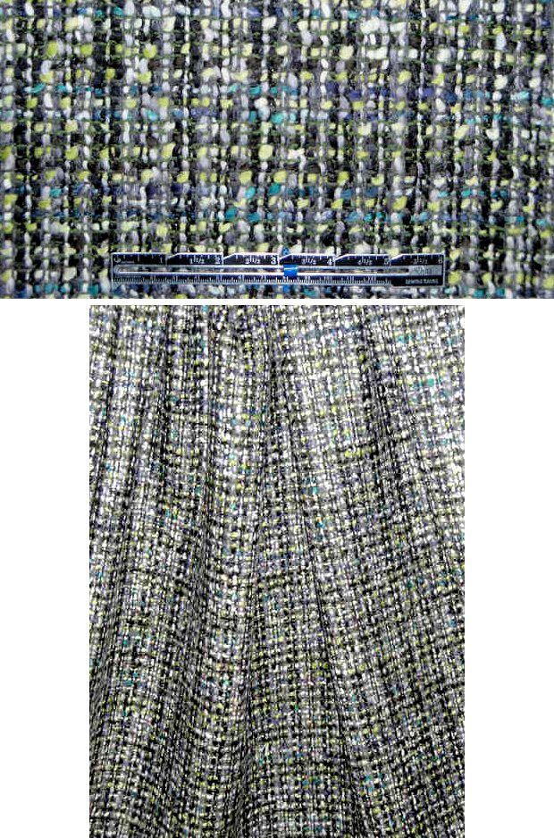 Italian citron/turq/black wool blend fancy tweed