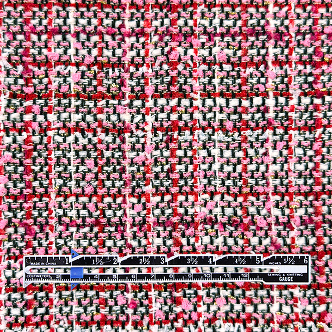 Italian Chane1-style wool blend tweedy boucle' - pink/red 1.125 yds
