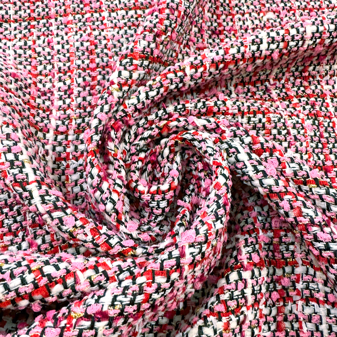 Italian Chane1-style wool blend tweedy boucle' - pink/red 1.125 yds