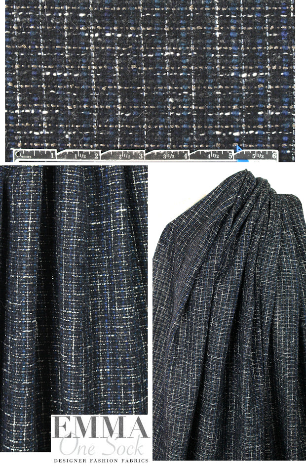 Italian fancy black/sapphire/white grid weave boucle'