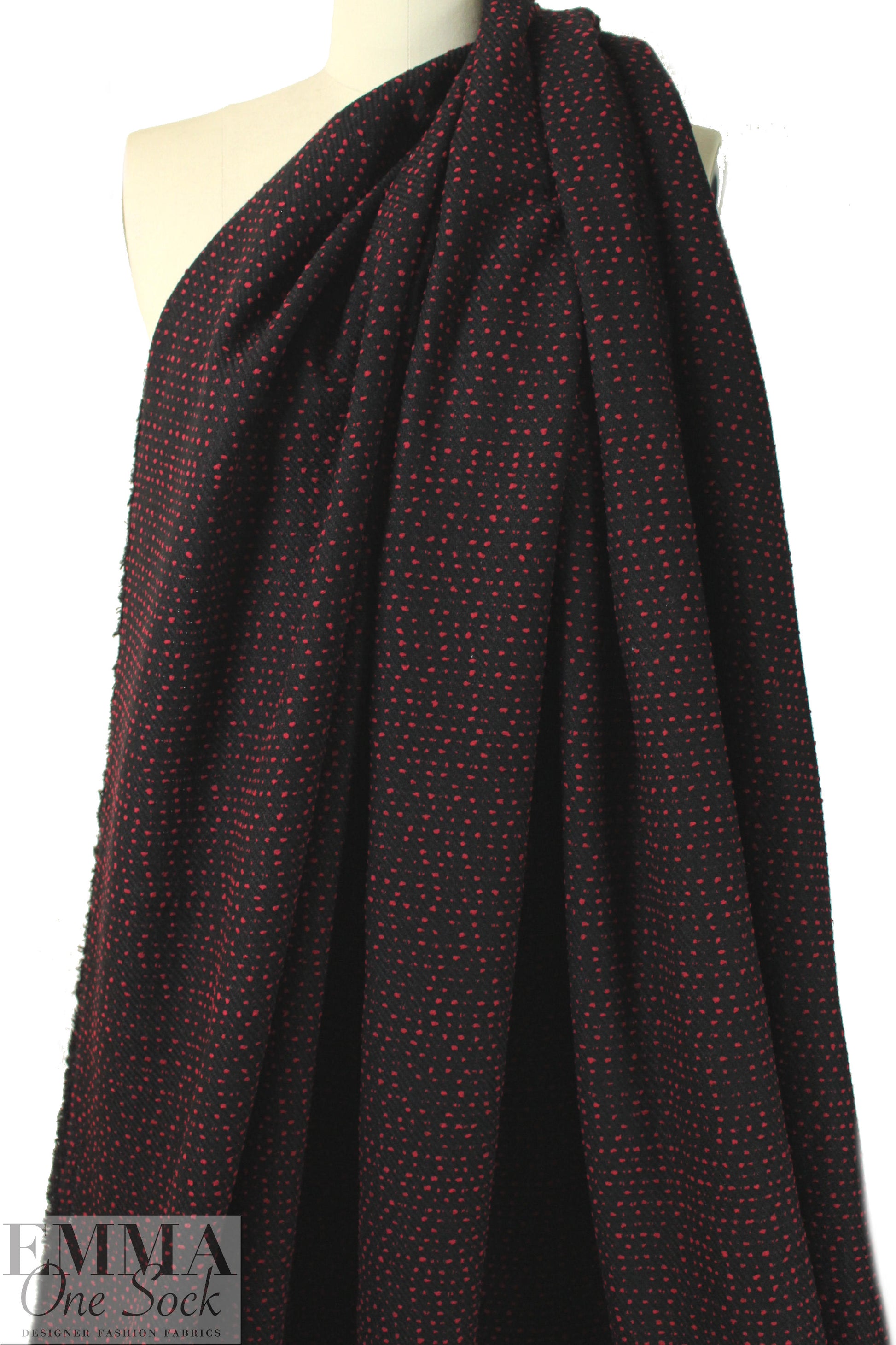 NY designer red on black dot boucle' suiting .625 yds