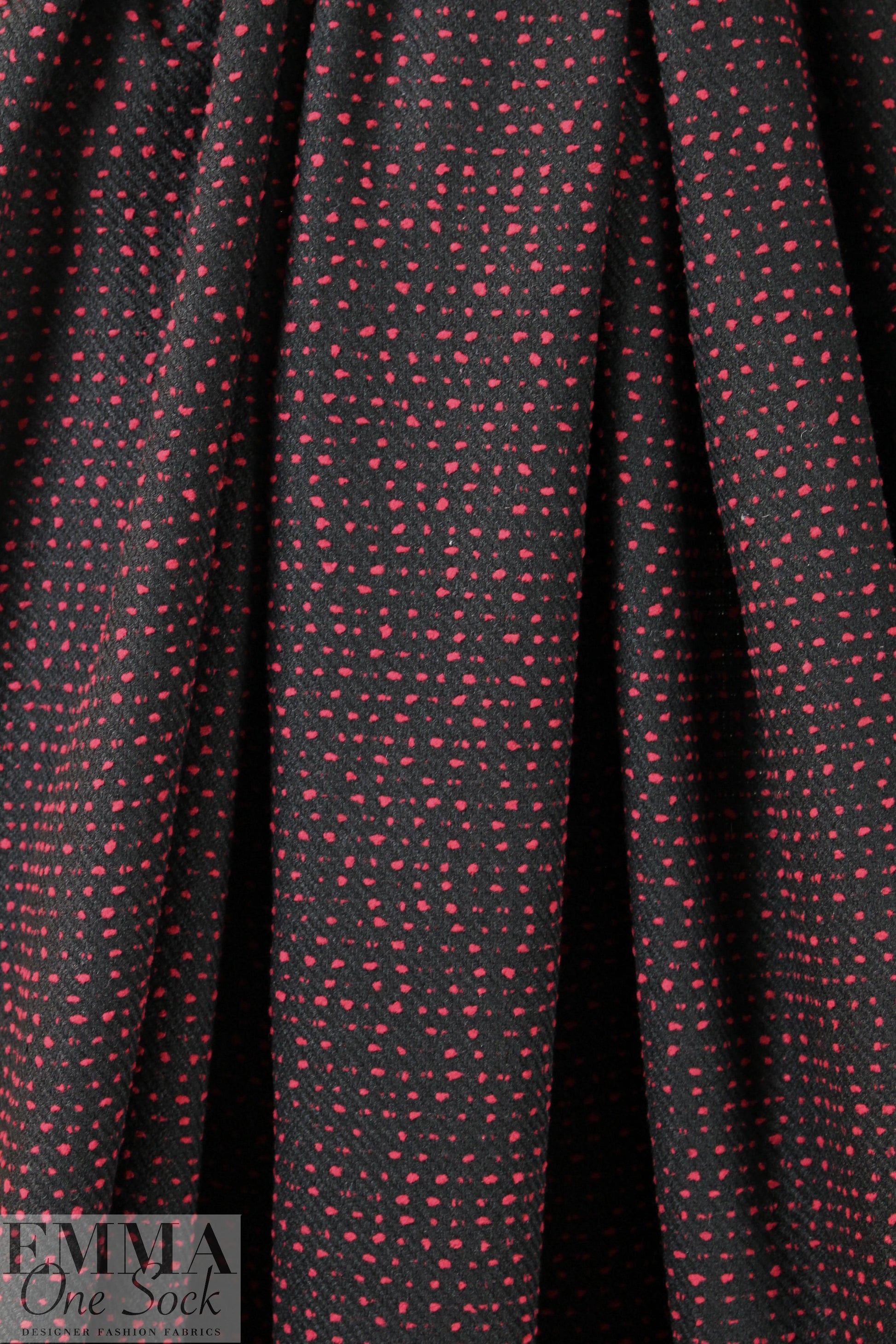 NY designer red on black dot boucle' suiting .625 yds