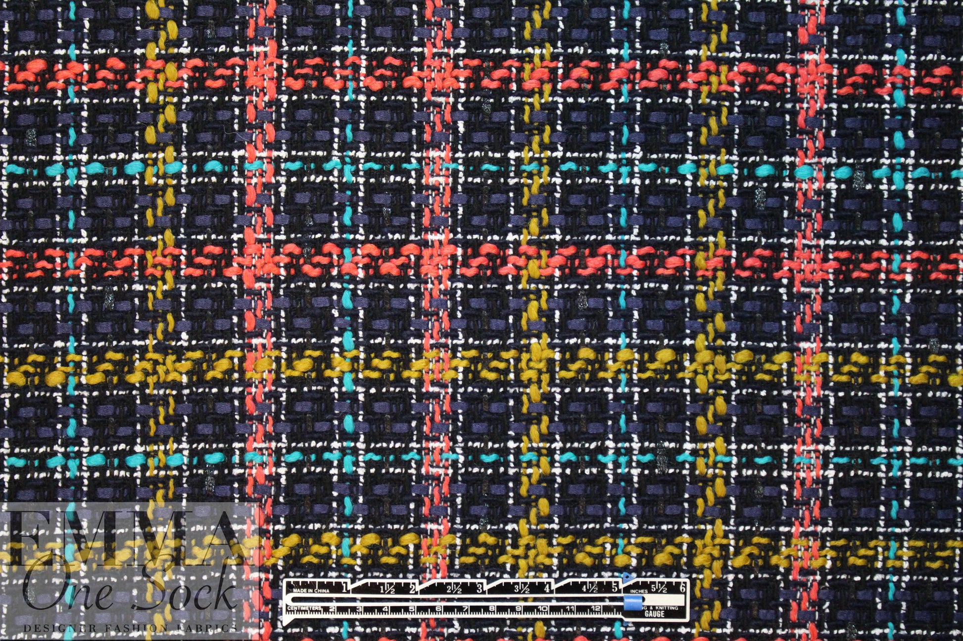 Italian plaid boucle' - turquoise/coral/navy 1.25 yds