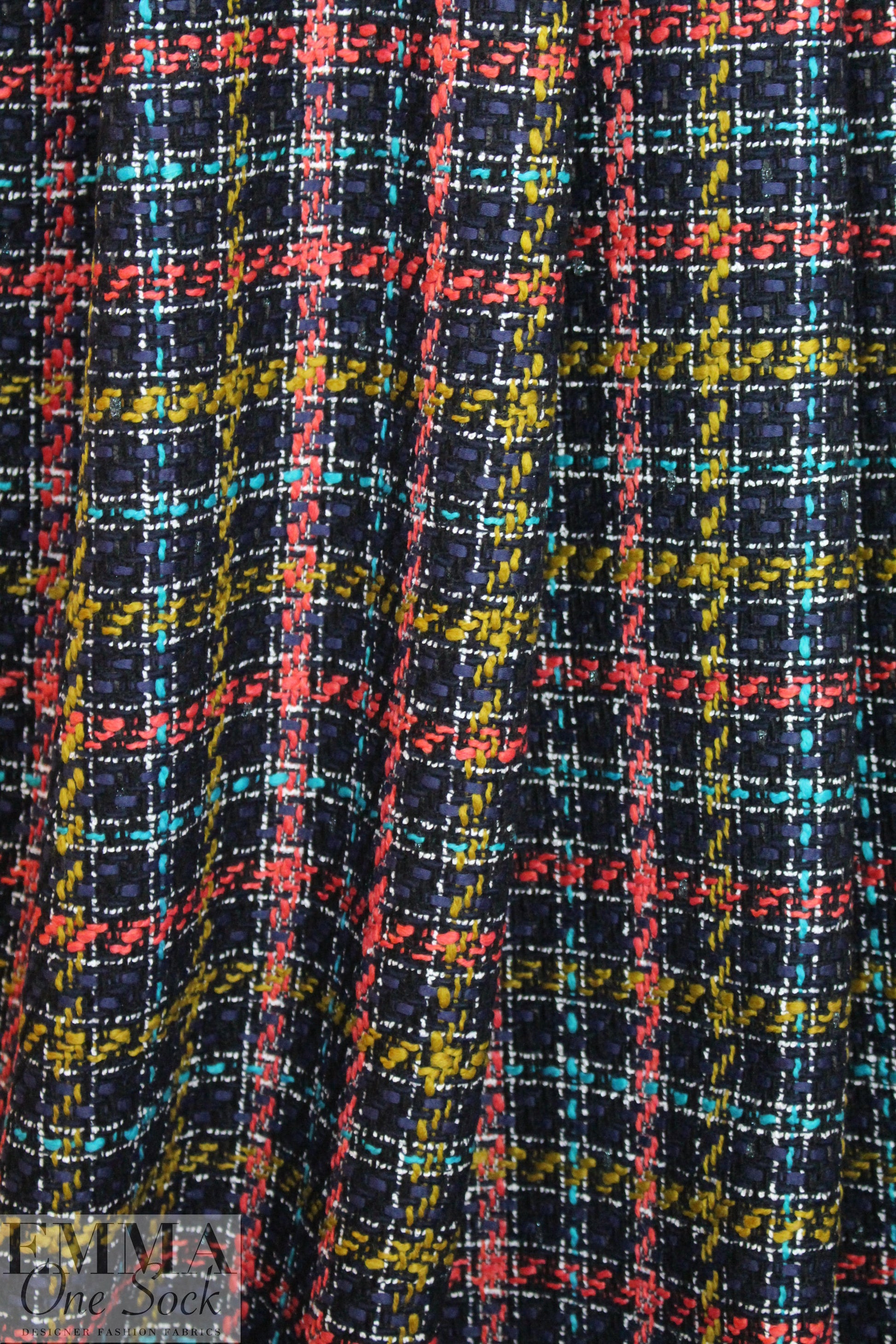 Italian plaid boucle' - turquoise/coral/navy 1.25 yds