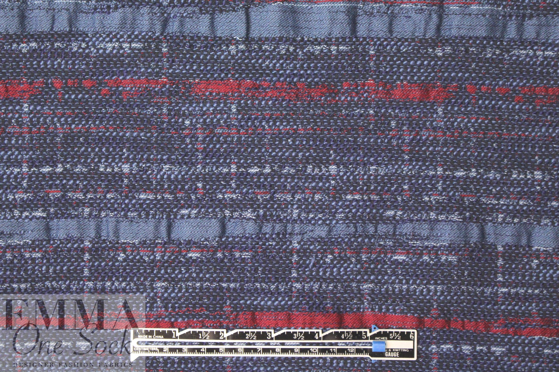 French denim/claret 'ribbon' stripe jacquard suiting