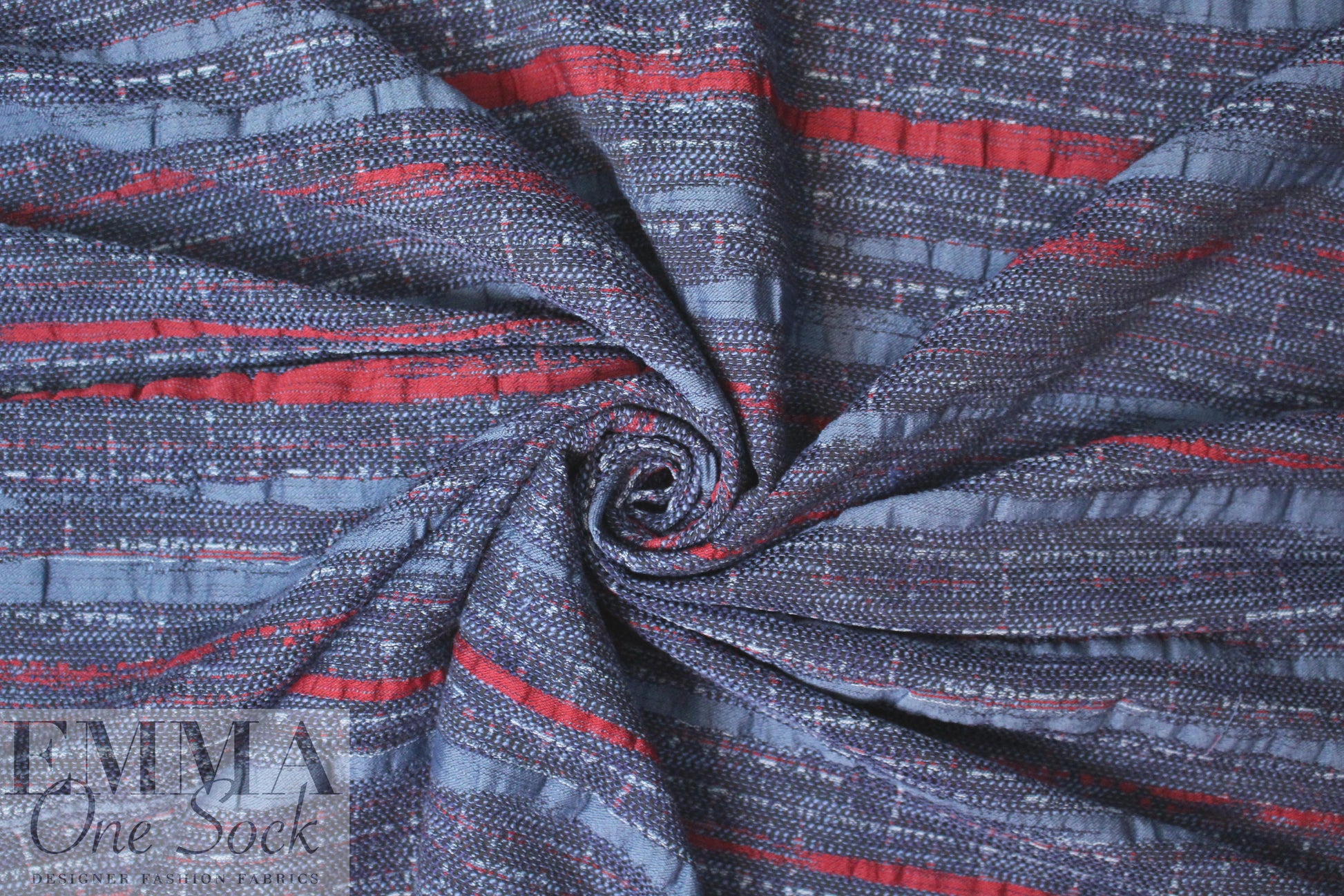 French denim/claret 'ribbon' stripe jacquard suiting 1.625 yds