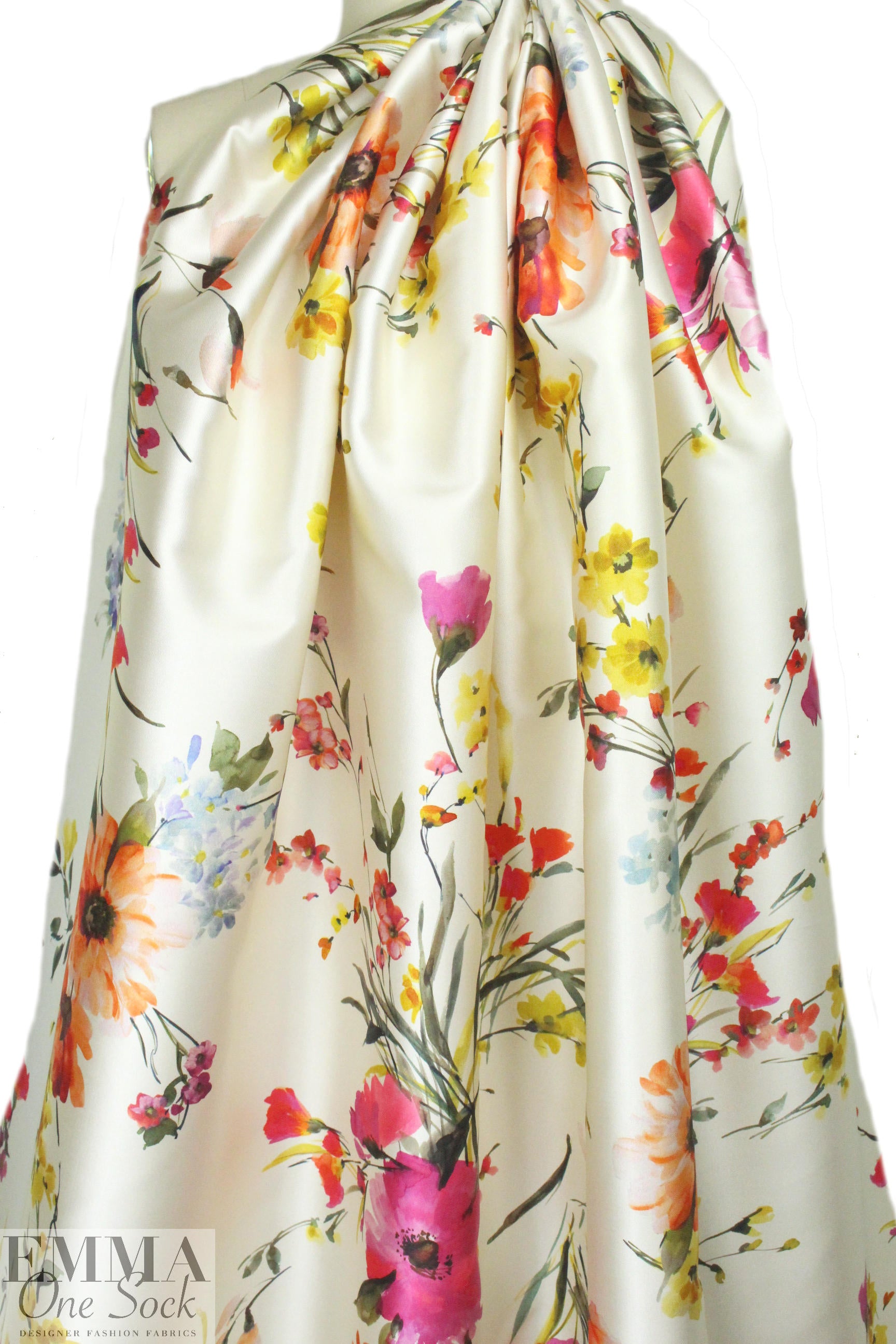 Italian 'poly-silk' twill - garden floral on cream