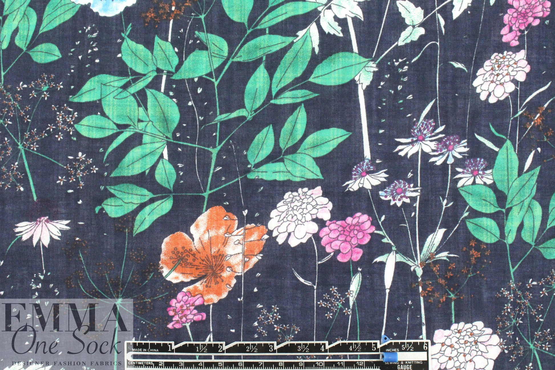'wildflowers' cotton/rayon voile woven - navy 1.5 yd
