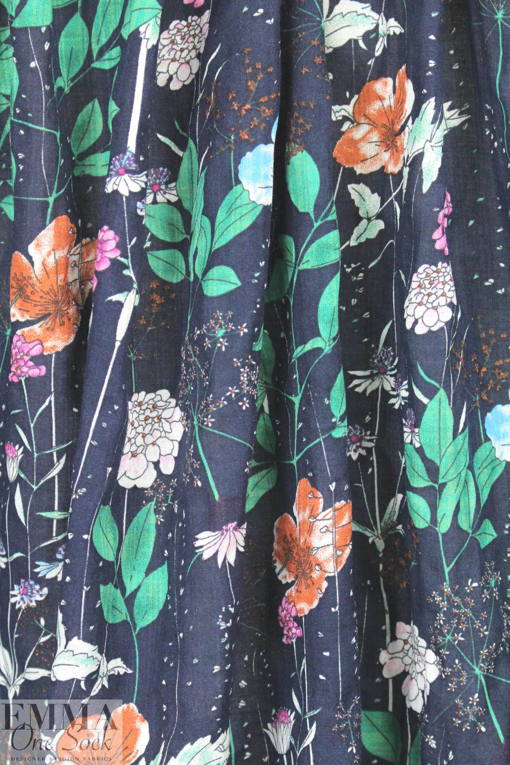 'wildflowers' cotton/rayon voile woven - navy 1.25 yds