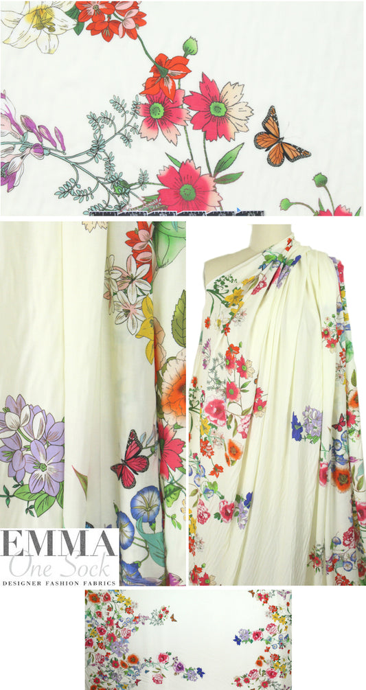 French digital viscose woven border wildflowers