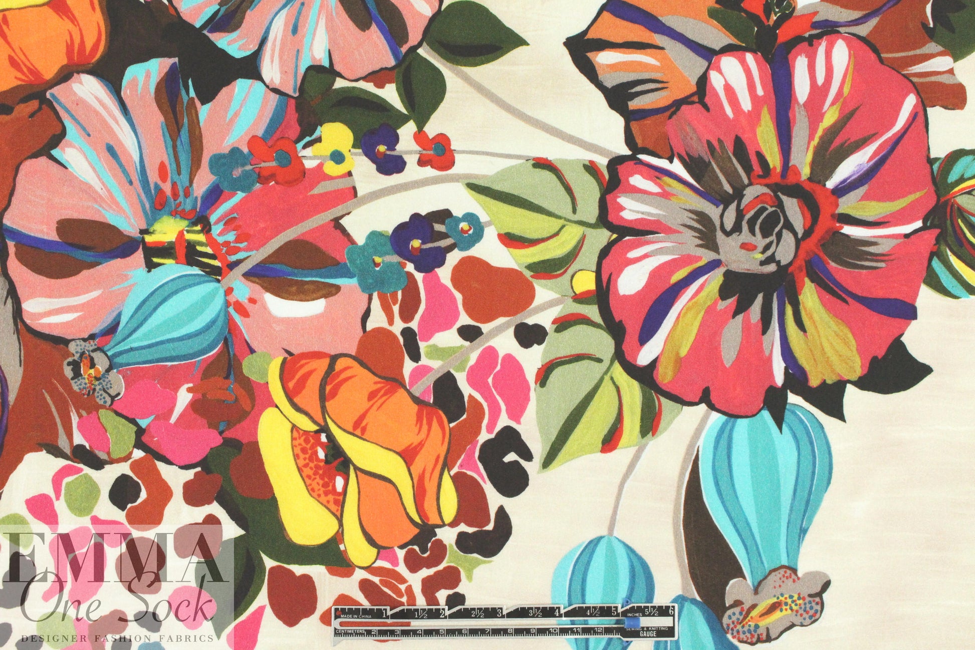 Italian stylized floral double border viscose woven