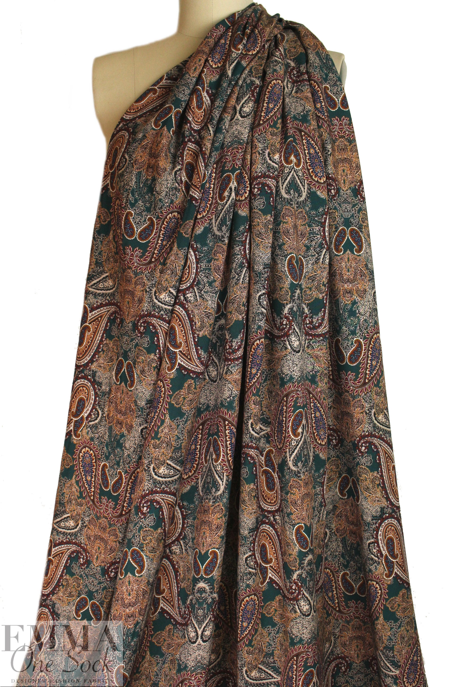 French viscose woven - teal/nutmeg paisley 2 yd