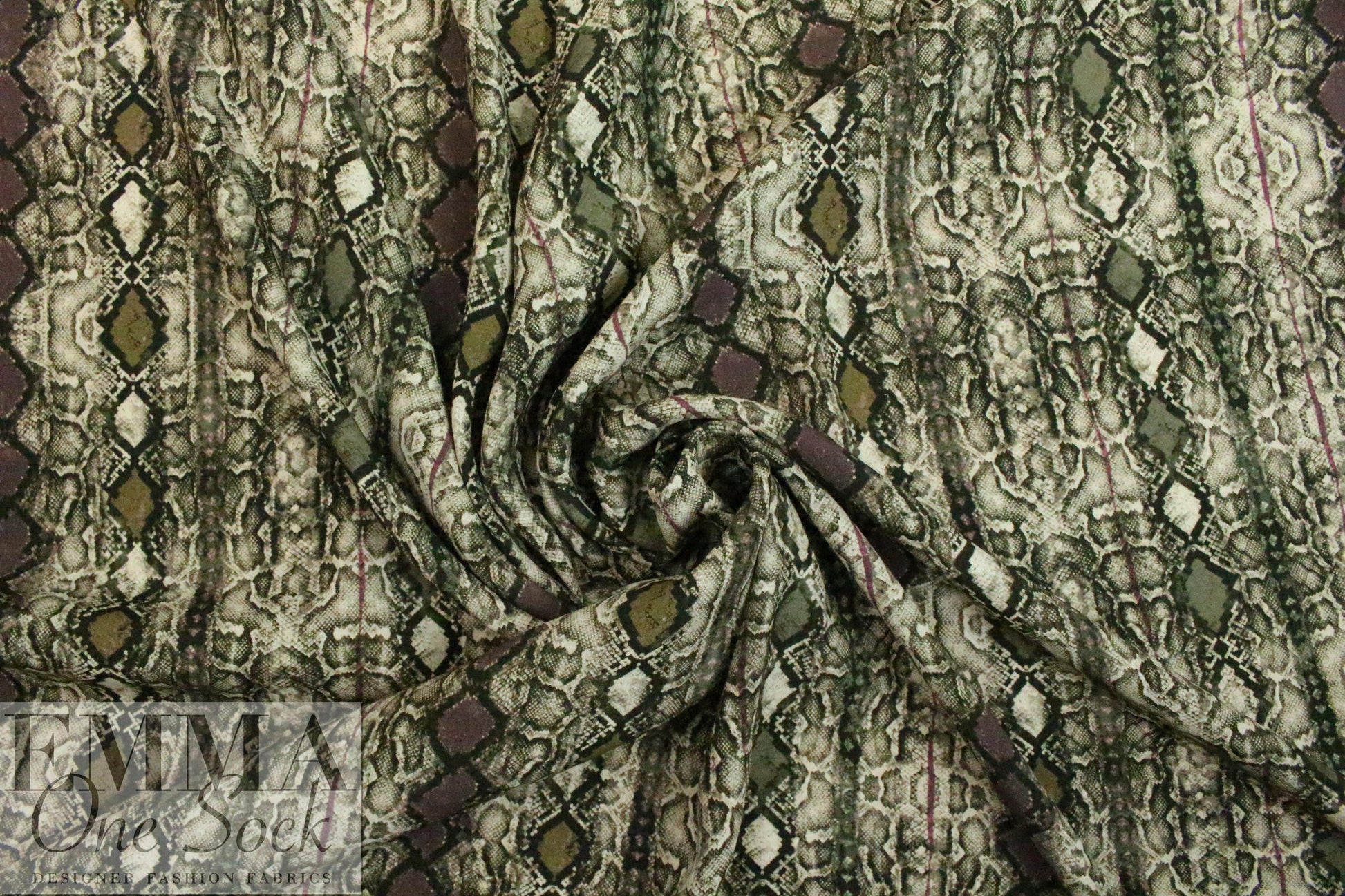 Italian olive/plum reptile design viscose challis