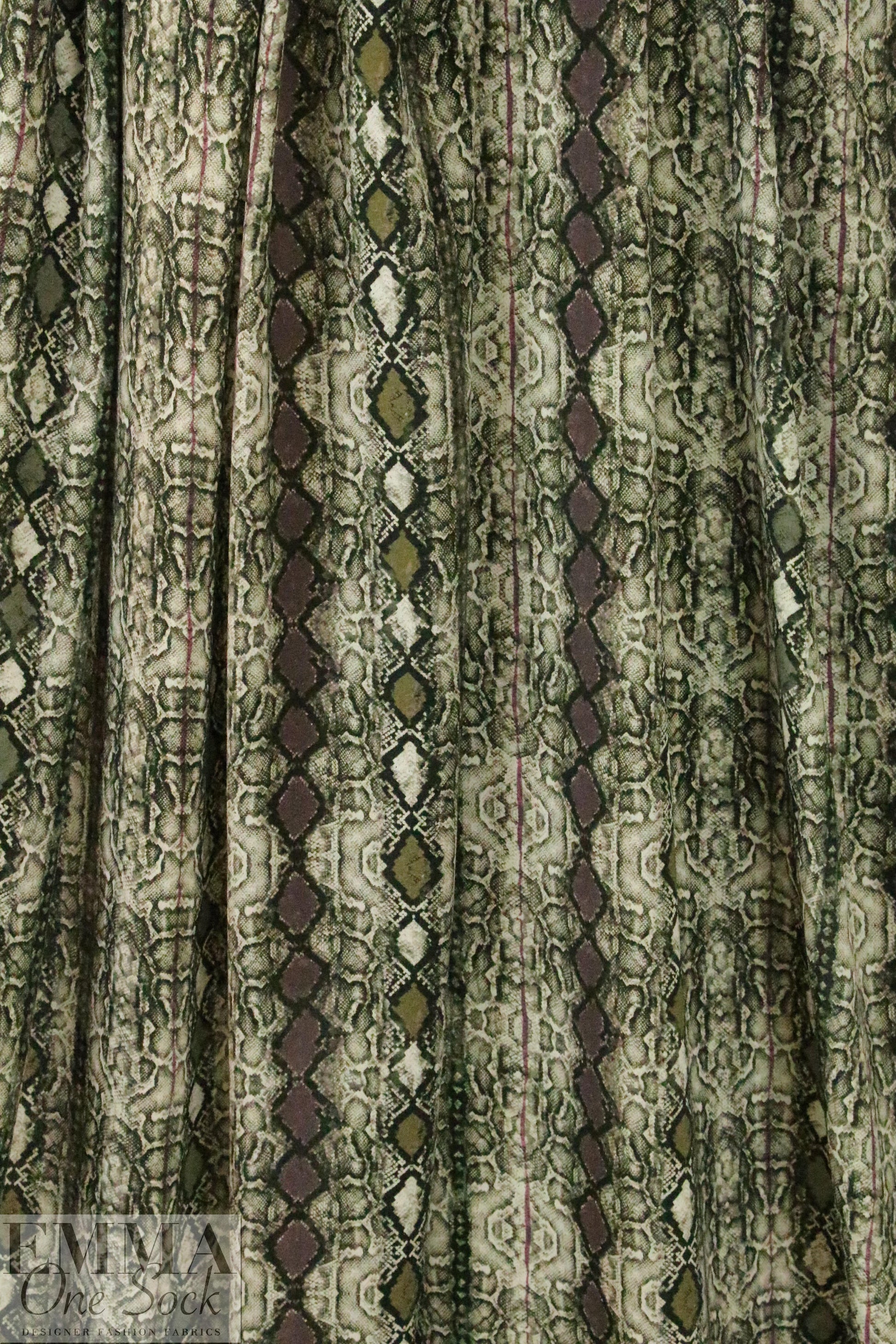 Italian olive/plum reptile design viscose challis