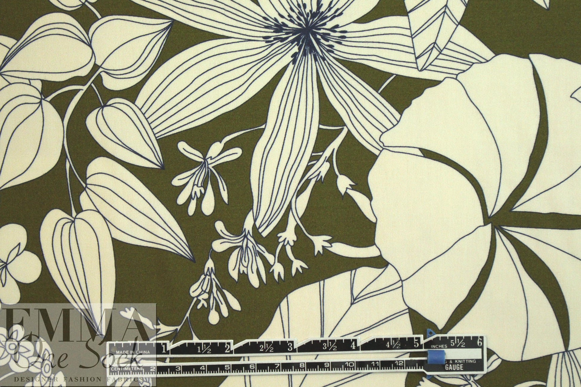 Italian olive floral silhouette cotton/viscose shirting